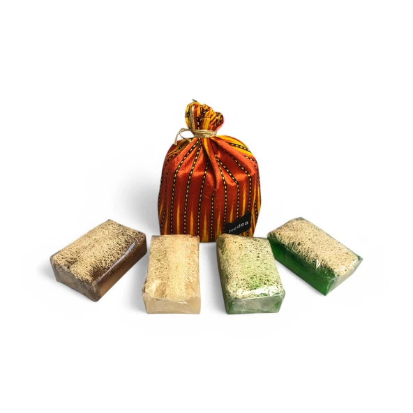 Osmanlı Sultanı 4'lü Lifli Sabun Seti - Ardıç Katranı, Yosun, Biberiye, Keçi Sütü & Bal - Padişah Kesesiyle