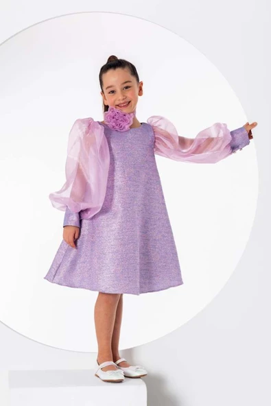 Kız Çocuk Çiçekli Boyunluk Hediyeli Şeffaf Karpuz Kollu Üzeri Simli Lila Elbise - Resim 6