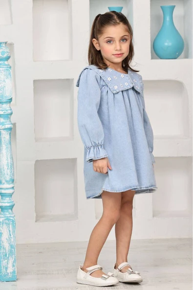 Kız Çocuk Yakası Nakış Papatya Detaylı Jean Elbise 12192 - 5