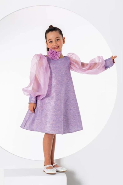 Kız Çocuk Çiçekli Boyunluk Hediyeli Şeffaf Karpuz Kollu Üzeri Simli Lila Elbise - Resim 3