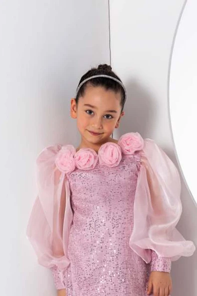 Kız Çocuk Yakası Boydan Gül Broş Detaylı Bilekleri ve Üzeri Pullu Karpuz Kollu Pembe Elbise - Resim 8