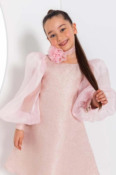 Kız Çocuk Çiçekli Boyunluk Hediyeli Şeffaf Karpuz Kollu Üzeri Simli Pembe  Elbise - Resim 7