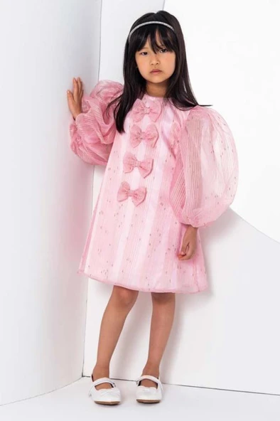 Kız Çocuk Önü Boydan Aşağı Fiyonk Detaylı Balon Kollu İçi Astarlı Pembe Elbise - Resim 3