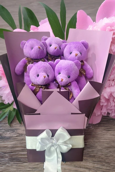 Sole Sevgiliye Özel Mor Konsept Romantik Peluş Ayıcık Buketi - 7