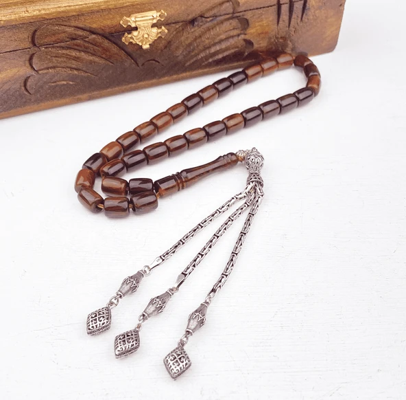 925 Ayar Gümüş Püsküllü Sıkma Kehribar Tesbih ürün görseli 1