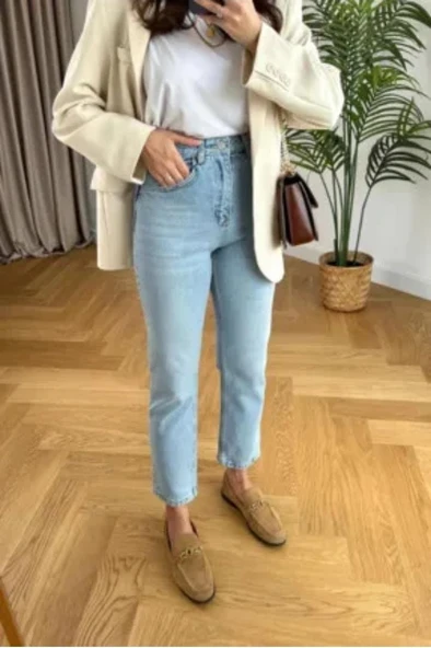 Kadın Kar Yıkama Yüksek Bel Likralı Mom Jeans Pantolon