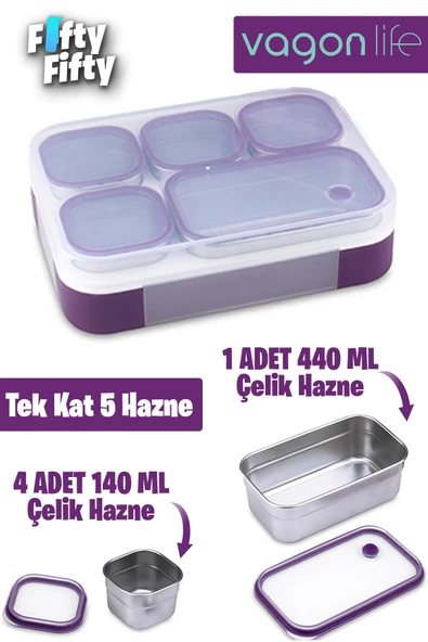 Vagonlife Lunch Box 1000 ML (Sızdırmaz,Karışmaz 5 Hazneli) Yeni Nesil Sefer Tası -FFLBOX40097 - 6