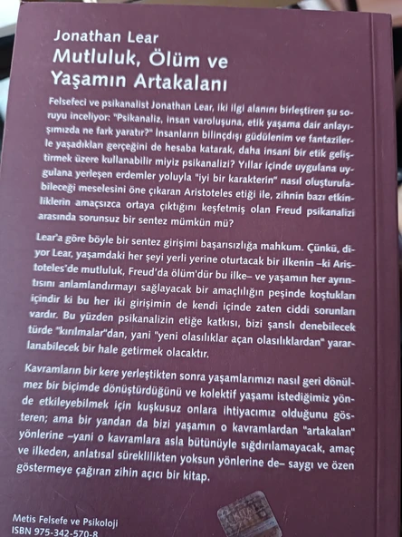 Mutluluk, Ölüm ve Yaşamın Artakalanı Jonathan Lear METİS YAYINLARI - 2