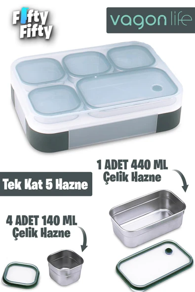 Vagonlife Lunch Box 1000 ML (Sızdırmaz,Karışmaz 5 Hazneli) Yeni Nesil Sefer Tası -FFLBOX40097 - 2