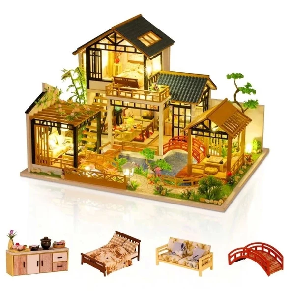 GuDoQi 1:24 Ölçekli Mobilyalı Minik Ev seti Villa With Courtyard
