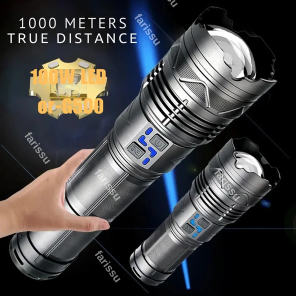 Gold Orion OR-G500 100W Süper Parlak LED El Feneri – 1000 Metre Menzilli, 4*181350 Lityum Pil, Zoom Özellikli, Şarj Edilebilir, Su Geçirmez Metal Gövde - 5