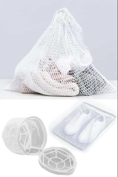3lü Yıkama File Seti - Ayakkabı Filesi-plastik Aparatlı Sütyen Yıkama- Çamaşır Yıkama Filesi