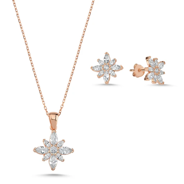 Silverella Gümüş 925 Ayar Lotus Çiçeği Mekik Zirkon Taşlı Set SE2025S98911 - 1