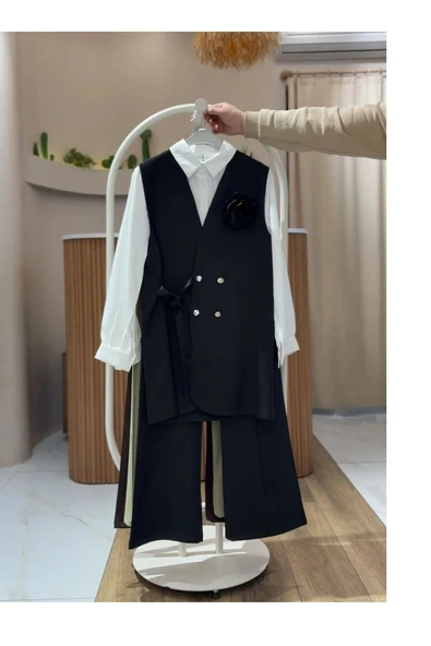 Nilay Kadın Siyah Trend Yandan Bağlamalı Yelek Gömlek Pantolon 3'lü Takım NILAY-1421