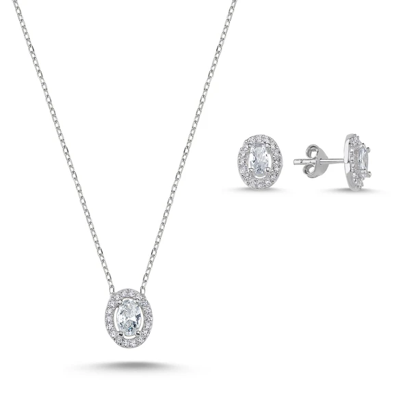 Silverella Gümüş 925 Ayar Oval Halo Tektaş Zirkon Taşlı Set SE2025S88089