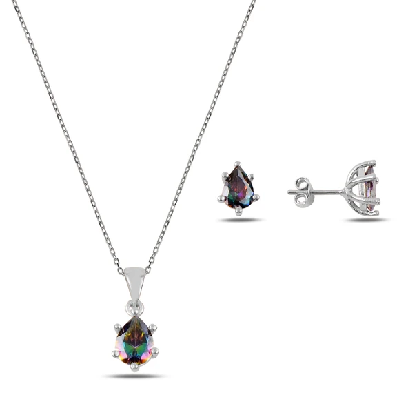 Silverella Gümüş 925 Ayar Damla Mistik Topaz Zirkon Tektaş Set SE2025S90352 - 2