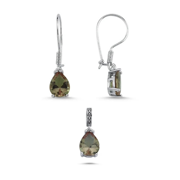 Silverella Gümüş 925 Ayar 8x10mm Damla Sultanit Zirkon Tektaş Set SE2025S103805 - 1