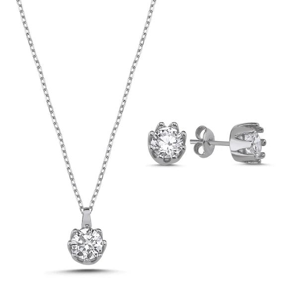 Silverella Gümüş 925 Ayar Tektaş 6mm Zirkon Taşlı Set SE2025S103145