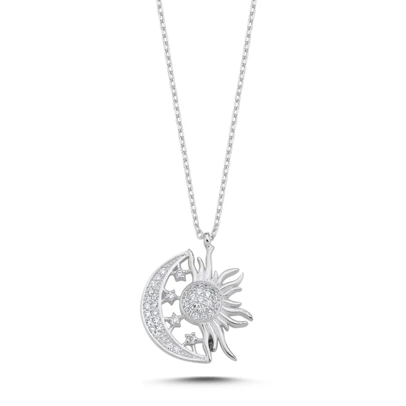 Silverella Gümüş 925 Ayar Ay Yıldız & Güneş Zirkon Taşlı Kolye SE2025N106160 ürün görseli