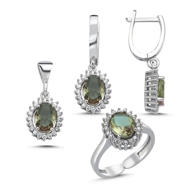 Silverella Gümüş 925 Ayar Sultanit Zirkon Taşlı Oval Kesim Ayarlanabilir Boylu Halo Set SE2025S106486