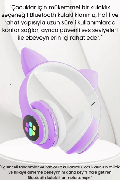 Gürültü Engelleyen Kız Erkek Çocuk Kedi Kulaklı Işıklı Mikrofonlu Kablosuz Bluetooth Kedili Kulaklık - 3