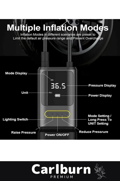 Premium Kablosuz Oto Araç Mini 4000mAh Powerbank 150 PSI Işıklı Aydınlatmalı Oto Hava Kompresörü - 5