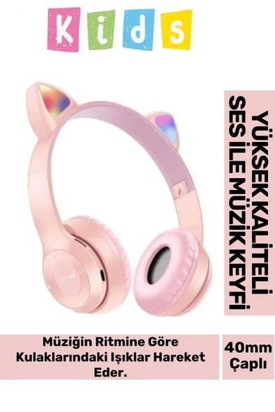 Gürültü Engelleyen Kız Erkek Çocuk Kedi Kulaklı Işıklı Mikrofonlu Kablosuz Bluetooth Kedili Kulaklık
