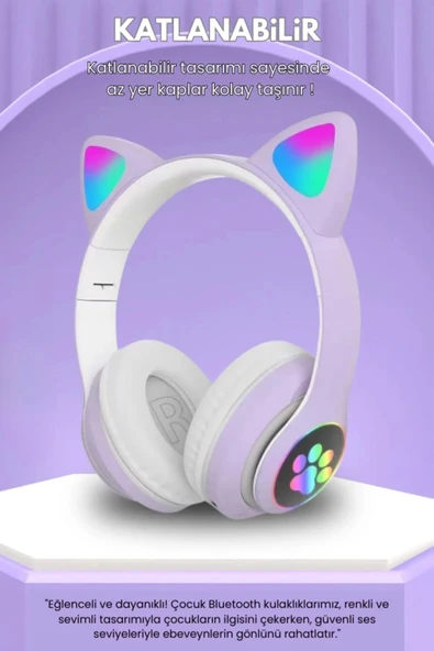 Gürültü Engelleyen Kız Erkek Çocuk Kedi Kulaklı Işıklı Mikrofonlu Kablosuz Bluetooth Kedili Kulaklık - 4