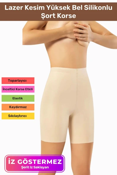 Kaymaz İz Göstermeyen Vücut Şekillendirici Toparlayıcı Lazer Kesim Yüksek Bel Silikonlu Şort Korse ürün görseli 1