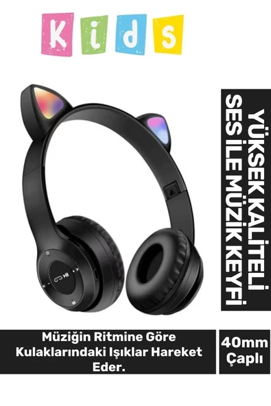 Gürültü Engelleyen Kız Erkek Çocuk Kedi Kulaklı Işıklı Mikrofonlu Kablosuz Bluetooth Kedili Kulaklık