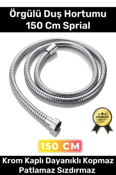 Premium Krom Kopmaz Patlamaz Sızdırmaz Bükülme Dayanıklı Bağlantı Örgülü 150 Cm Sprial Duş Hortumu