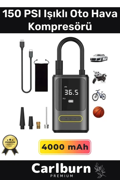 Premium Kablosuz Oto Araç Mini 4000mAh Powerbank 150 PSI Işıklı Aydınlatmalı Oto Hava Kompresörü