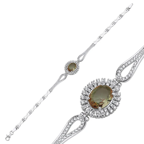 Silverella Gümüş 925 Ayar Sultanit Oval Kesim Halo Zirkon Taşlı Bileklik SE2025B106657