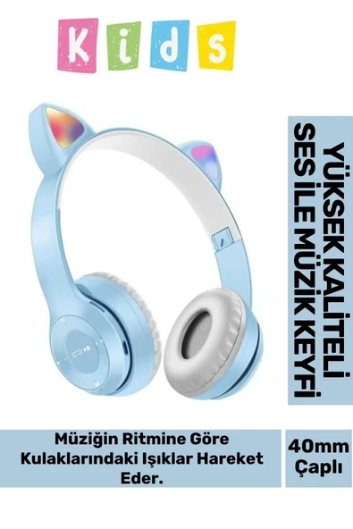 Gürültü Engelleyen Kız Erkek Çocuk Kedi Kulaklı Işıklı Mikrofonlu Kablosuz Bluetooth Kedili Kulaklık