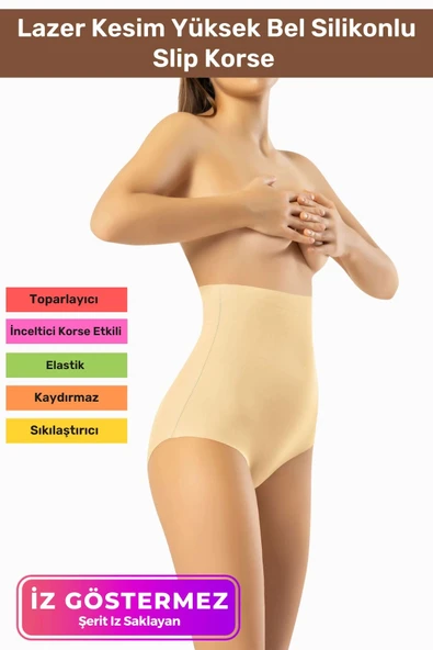 İz Göstermeyen Göbek Sıkılaştırıcı Popo Toparlayıcı Lazer Kesim Yüksek Bel Silikonlu Slip Korse Flex