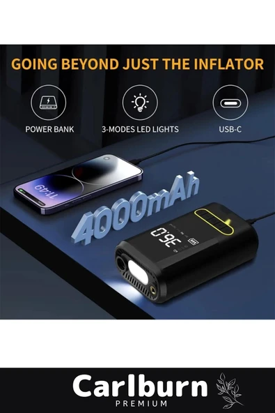 Premium Kablosuz Oto Araç Mini 4000mAh Powerbank 150 PSI Işıklı Aydınlatmalı Oto Hava Kompresörü - 4