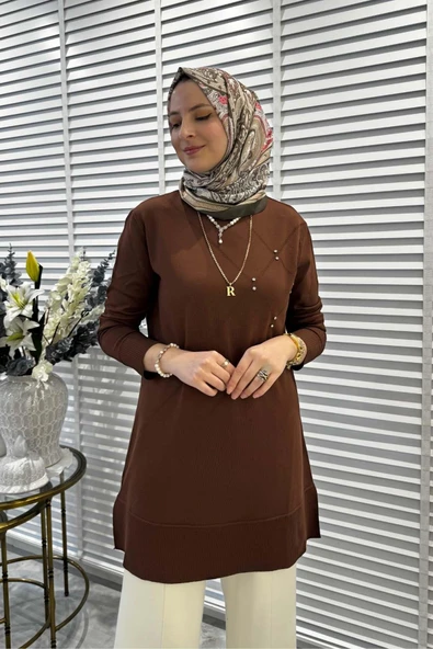 Gonca Taşlı Triko Tunik Kahve - 2