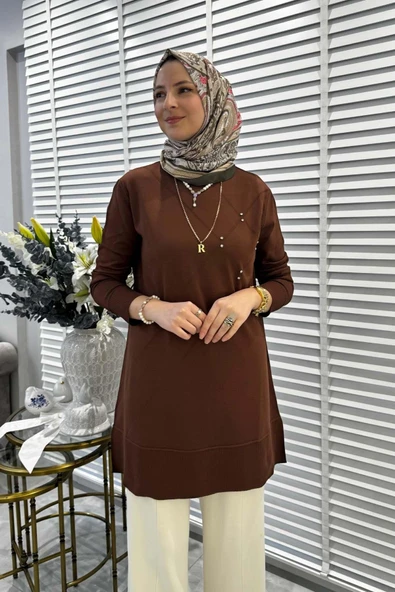 Gonca Taşlı Triko Tunik Kahve - 6