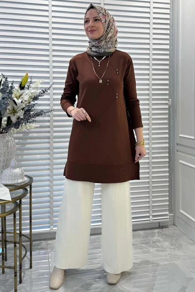 Gonca Taşlı Triko Tunik Kahve - 7