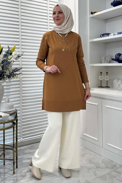 Gonca Taşlı Triko Tunik Camel - 5