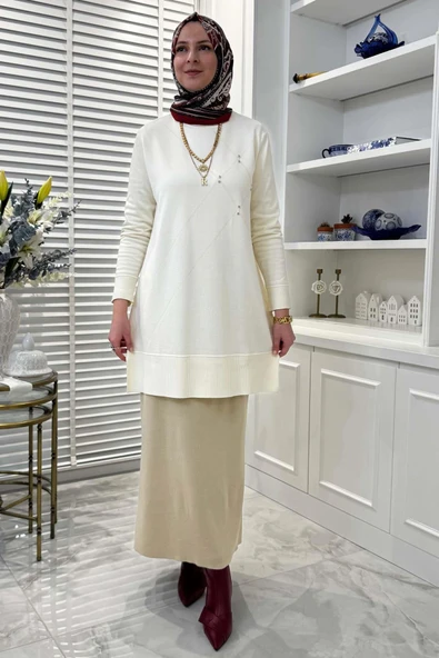 Gonca Taşlı Triko Tunik Ekru - 6