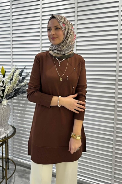 Gonca Taşlı Triko Tunik Kahve - 4