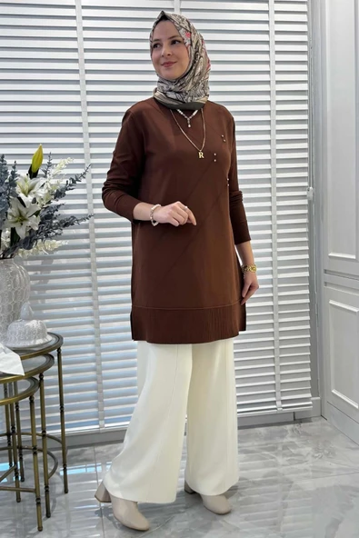 Gonca Taşlı Triko Tunik Kahve - 5