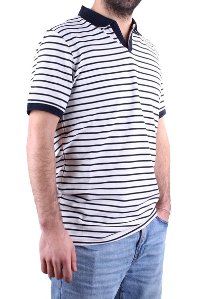 Dagoster DMG23-231237 Beyaz Lacivert Günlük Çizgili Polo Yaka Erkek Tişört