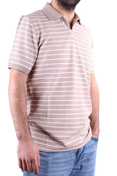 Dagoster DMG23-231237 Bej Beyaz Günlük Çizgili Polo Yaka Erkek Tişört