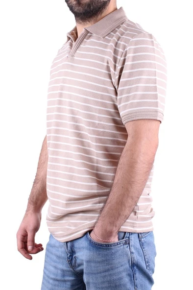 Dagoster DMG23-231237 Bej Beyaz Günlük Çizgili Polo Yaka Erkek Tişört - 3