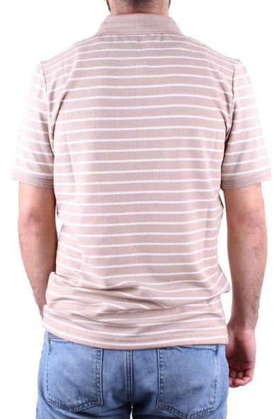Dagoster DMG23-231237 Bej Beyaz Günlük Çizgili Polo Yaka Erkek Tişört - 4