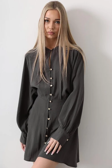 Gold Rengi Düğme Detaylı Elbise - Antrasit - Resim 4