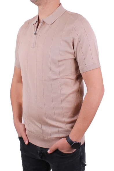 Dagoster DMG23-511228 Bej Günlük Fermuarlı Polo Yaka Erkek Tişört - 3