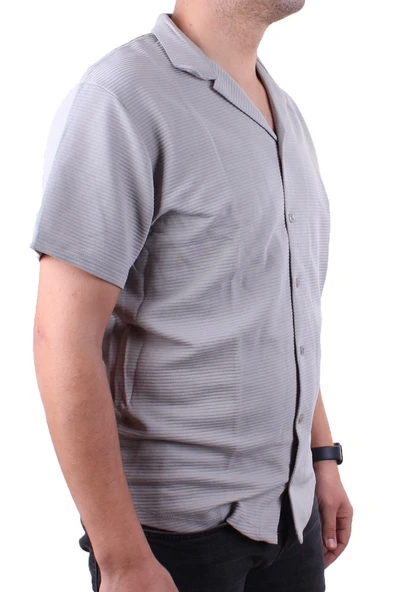 Dagoster DMG23-199598 Gri Ottoman Örme Apaj Yaka Oversize Kalıp Kısa Kol Erkek Gömlek